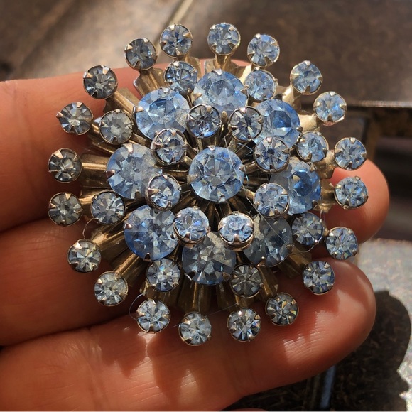 Vintage Blue Rhinestone Domed Brooch Retro Midcentury - Picture 5 of 8